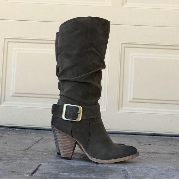 Taupe Block Chunky Heel Buckle Knee-High Boots - Picture 6 of 6